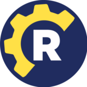 logo emblem blue round background yellow tyre half around letter r